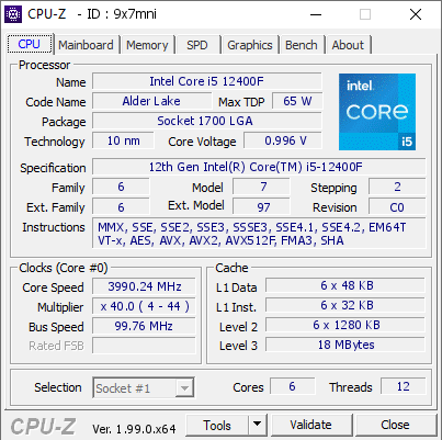 Intel Core i5 12400F @ 3990.24 MHz - CPU-Z VALIDATOR