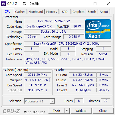 Intel Xeon E5 2620 v2 @ 2711.29 MHz - CPU-Z VALIDATOR