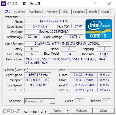 Intel Core I5 3317u 1697 17 Mhz Cpu Z Validator