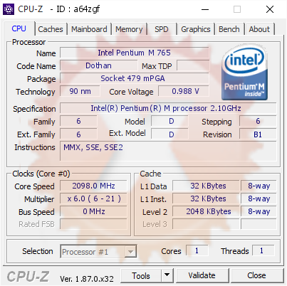 Intel Pentium M 765 @ 2098 MHz - CPU-Z VALIDATOR