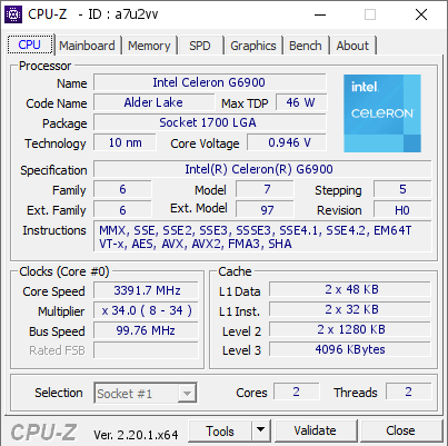 screenshot of CPU-Z validation for Dump [a7u2vv] - Submitted by  DESKTOP-USG6HSQ  - 2026-08-20 22:09:31