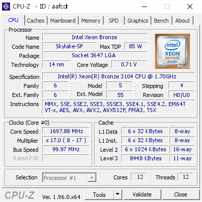 screenshot of CPU-Z validation for Dump [aafcdr] - Submitted by  HP-Z8G4  - 2021-08-24 06:13:11