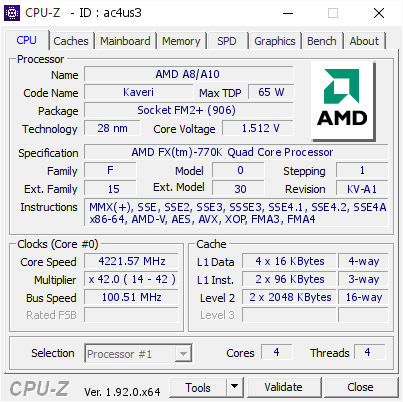 screenshot of CPU-Z validation for Dump [ac4us3] - Submitted by  Lumaterian  - 2020-05-26 17:58:31