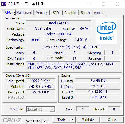 screenshot of CPU-Z validation for Dump [aebh2h] - Submitted by  Anonymous  - 2022-01-13 08:05:57