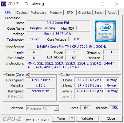 screenshot of CPU-Z validation for Dump [aiwpag] - Submitted by  Doc TB - Xeon Phi  - 2020-11-27 03:21:10