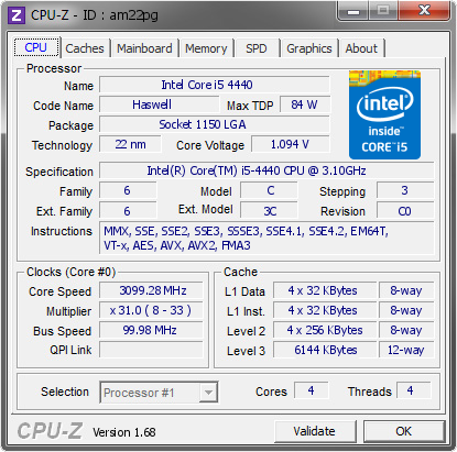 Soms soms Schildknaap Bek Intel Core i5 4440 @ 3099.28 MHz - CPU-Z VALIDATOR