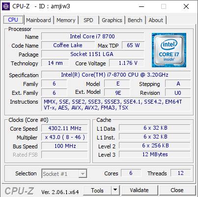 Intel Core i7 8700 @ 4302.11 MHz - CPU-Z VALIDATOR