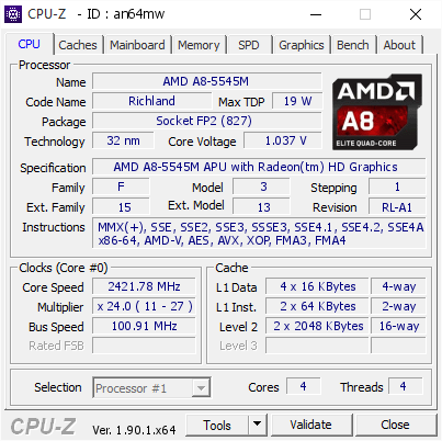 screenshot of CPU-Z validation for Dump [an64mw] - Submitted by  Anonymous  - 2019-10-16 06:27:01