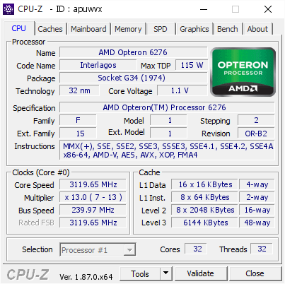screenshot of CPU-Z validation for Dump [apuwvx] - Submitted by  Anonymous  - 2019-02-15 16:39:19