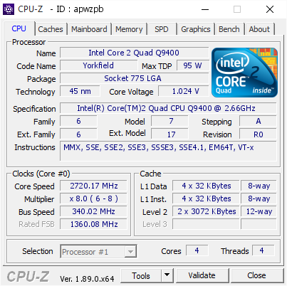screenshot of CPU-Z validation for Dump [apwzpb] - Submitted by  Anonymous  - 2019-07-26 23:08:47