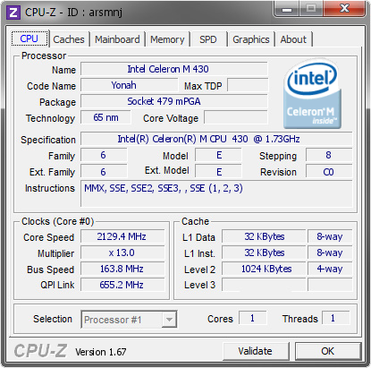screenshot of CPU-Z validation for Dump [arsmnj] - Submitted by  ASPIRE3680  - 2013-12-03 05:12:08