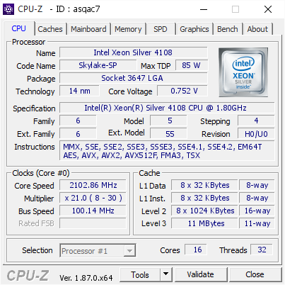 screenshot of CPU-Z validation for Dump [asqac7] - Submitted by  TR-HYPER-V1  - 2019-04-01 14:11:07