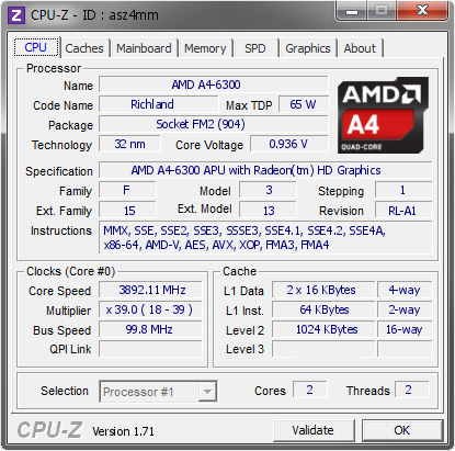 screenshot of CPU-Z validation for Dump [asz4mm] - Submitted by  Casa  - 2014-11-21 01:11:13