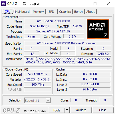 screenshot of CPU-Z validation for Dump [atqirw] - Submitted by  ZANDA  - 2025-03-09 02:08:46