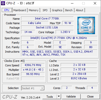 Intel Core i7 7700K @ 4396.79 MHz - CPU-Z VALIDATOR