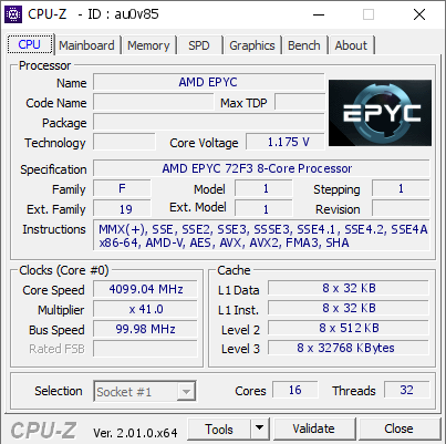 screenshot of CPU-Z validation for Dump [au0v85] - Submitted by  Sw_epyc_72F3  - 2022-07-25 17:02:33