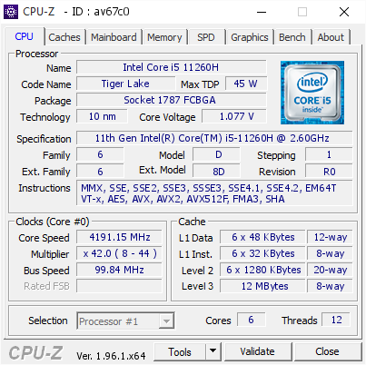 Intel Core i5 11260H @ 4191.15 MHz - CPU-Z VALIDATOR