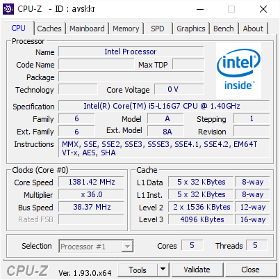 screenshot of CPU-Z validation for Dump [avskkr] - Submitted by  LAPTOP-J99VJBQ1  - 2020-08-31 01:46:38