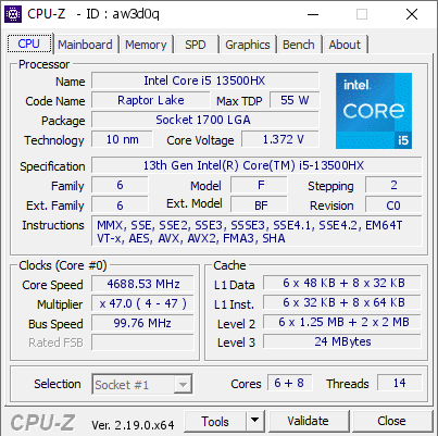 screenshot of CPU-Z validation for Dump [aw3d0q] - Submitted by  nos  - 2026-04-20 12:42:23