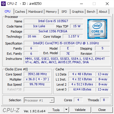 screenshot of CPU-Z validation for Dump [aw9250] - Submitted by  DESKTOP-8VCVSJP  - 2020-06-11 07:00:04