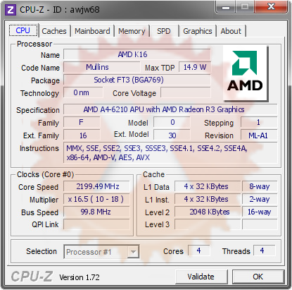 screenshot of CPU-Z validation for Dump [awjw68] - Submitted by  WIN-QH23VOSH9FG  - 2015-06-17 09:06:57