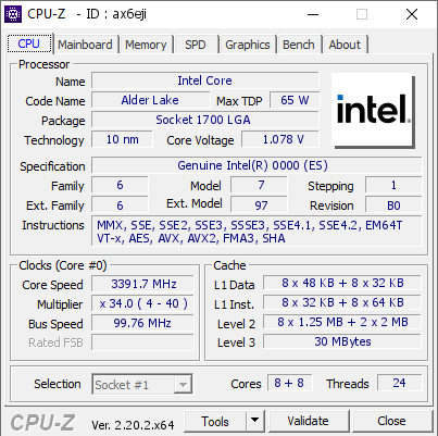 screenshot of CPU-Z validation for Dump [ax6eji] - Submitted by  DESKTOP-L0C4N3O  - 2026-07-30 17:44:57