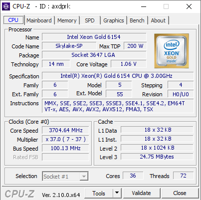 screenshot of CPU-Z validation for Dump [axdprk] - Submitted by  PCSP-2UA8382RFR  - 2024-07-17 04:19:52