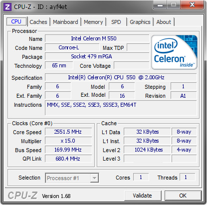 Intel Celeron M 550 @ 2551.5 MHz - CPU-Z VALIDATOR