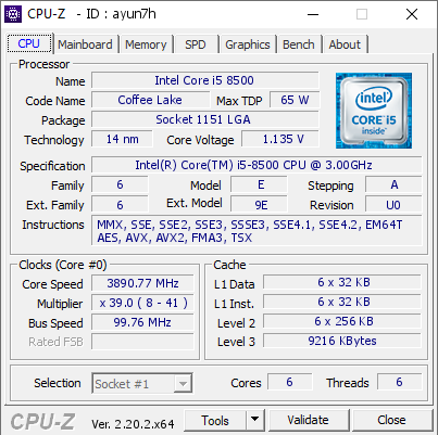 Intel Core i5 8500 @ 3890.77 MHz - CPU-Z VALIDATOR