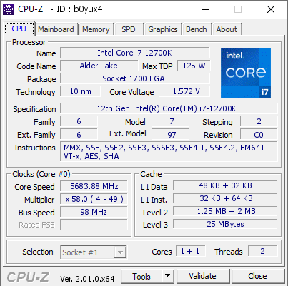 screenshot of CPU-Z validation for Dump [b0yux4] - Submitted by  coolpiper74  - 2022-07-12 03:47:23