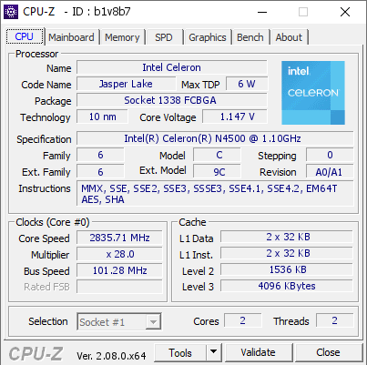 screenshot of CPU-Z validation for Dump [b1v8b7] - Submitted by  LAPTOP-G2J7LUAH  - 2023-10-21 13:48:14