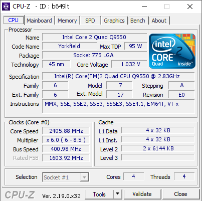 screenshot of CPU-Z validation for Dump [b649lt] - Submitted by  kylarz  - 2026-05-04 06:21:52