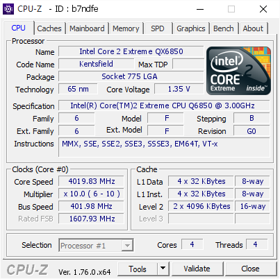 Intel Core 2 Extreme QX6850 @ 4019.83 MHz - CPU-Z VALIDATOR