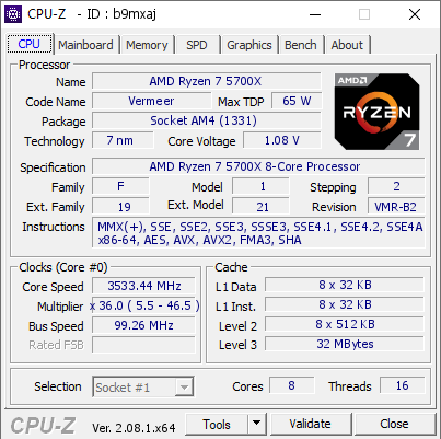 screenshot of CPU-Z validation for Dump [b9mxaj] - Submitted by  jebigav20  - 2024-04-27 14:08:01