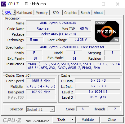 screenshot of CPU-Z validation for Dump [bb6umh] - Submitted by  Anonymous  - 2026-05-14 23:03:33