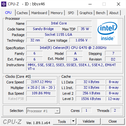 screenshot of CPU-Z validation for Dump [bbyx46] - Submitted by    - 2019-07-21 22:08:41