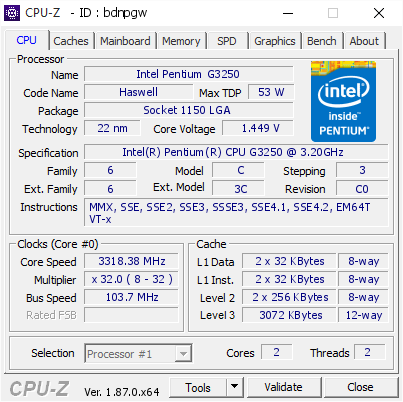 screenshot of CPU-Z validation for Dump [bdnpgw] - Submitted by  DESKTOP-I38M5U7  - 2019-03-20 10:56:10