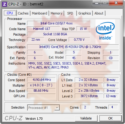 screenshot of CPU-Z validation for Dump [bemwt2] - Submitted by  FLAME  - 2014-10-04 16:10:00