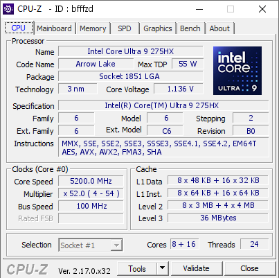 screenshot of CPU-Z validation for Dump [bfffzd] - Submitted by  ROGNUC  - 2025-10-30 23:53:55