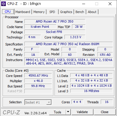 screenshot of CPU-Z validation for Dump [bfngcn] - Submitted by  DESKTOP-VEKU0MG  - 2026-06-16 09:53:18