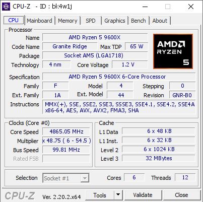 screenshot of CPU-Z validation for Dump [bk4w1j] - Submitted by  FLASHBANG7  - 2026-08-08 09:58:53