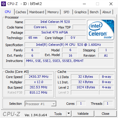 screenshot of CPU-Z validation for Dump [bl5wk2] - Submitted by  R19 celeron M520   - 2020-11-16 13:43:05