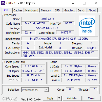 screenshot of CPU-Z validation for Dump [bqr0r2] - Submitted by  LENTHYPERV02  - 2020-08-28 18:31:24