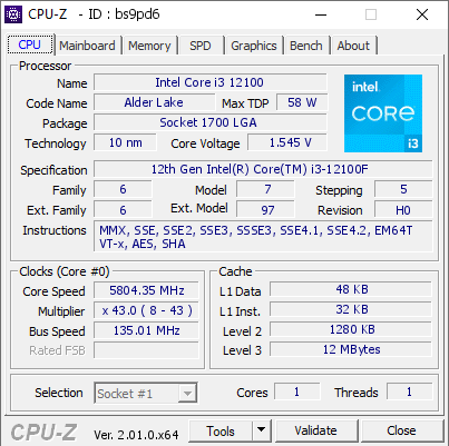 screenshot of CPU-Z validation for Dump [bs9pd6] - Submitted by  naganannan  - 2022-10-06 22:38:17