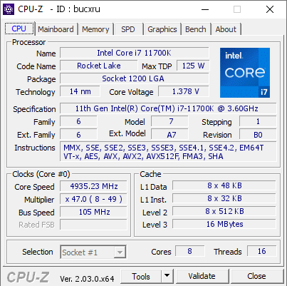 Intel Core i7 11700K @ 4935.23 MHz - CPU-Z VALIDATOR