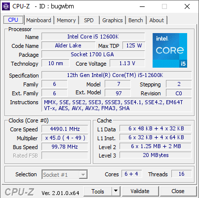 screenshot of CPU-Z validation for Dump [bugwbm] - Submitted by  XTZJ-20220809ER  - 2022-08-09 15:09:19