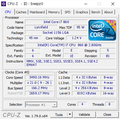 screenshot of CPU-Z validation for Dump [bwspz0] - Submitted by  Anonymous  - 2017-07-30 05:15:28