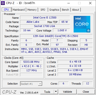 screenshot of CPU-Z validation for Dump [bxw87n] - Submitted by  i5 12500 @ 5.33ghz | RX 6700 XT   - 2024-01-30 08:31:28