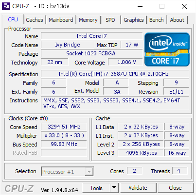 screenshot of CPU-Z validation for Dump [bz13dv] - Submitted by  steve190669  - 2020-12-21 13:43:45