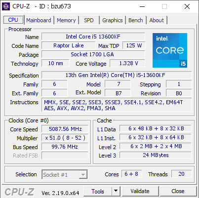 screenshot of CPU-Z validation for Dump [bzu673] - Submitted by  Anonymous  - 2026-09-22 11:24:29